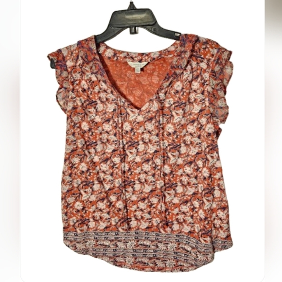Lucky Brand Floral V-Neck Ruffle Sleeve Top Women's Size Small P NWOT - Picture 1 of 8